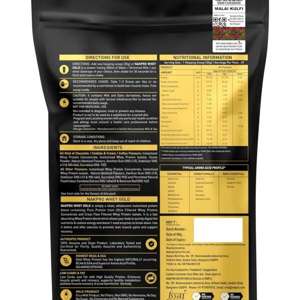 NAKPRO NUTRITION Gold Whey Protein Concentrate & Isolate 2kg Malai Kulfi flavour | 25.5g Protein, Trustified Certified