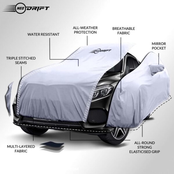 NEODRIFT 'SilverTech' Car Cover for Maruti Suzuki Alto 800 (100% Water-Resistant, All Weather Protection, Tailored Fit, Precision-Fit & Breathable Fabric) (Colour: Silver)
