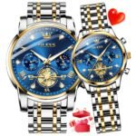 OLEVS Analog Unisex Adult Couple Watch Set His & Her Matching Watches with Luxury Diamond Accents-Two-Tone Silver Strap,Blue Dial Valentine's Day Stainless Steel Original Quartz Watch Lovers Set