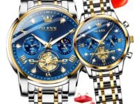 OLEVS Analog Unisex Adult Couple Watch Set His & Her Matching Watches with Luxury Diamond Accents-Two-Tone Silver Strap,Blue Dial Valentine's Day Stainless Steel Original Quartz Watch Lovers Set