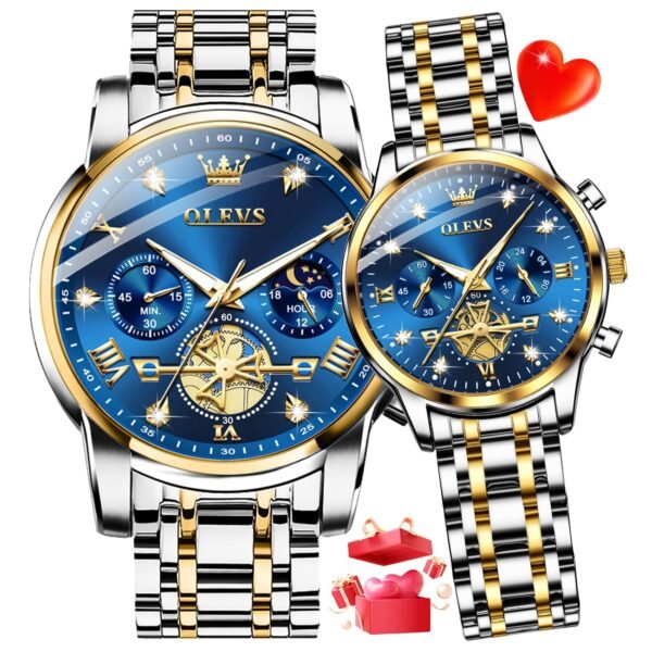 OLEVS Analog Unisex Adult Couple Watch Set His & Her Matching Watches with Luxury Diamond Accents-Two-Tone Silver Strap,Blue Dial Valentine's Day Stainless Steel Original Quartz Watch Lovers Set