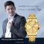 OLEVS Men's Business Watch Gold Blue with Large Easy-Read Analog Quartz Date Display Luxury Stainless Steel Band Waterproof Luminous Hands