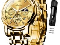 OLEVS Watch for Man Analog Quartz Skeleton Chronograph Diamond Watches Stainless Steel Moon Phase Calendar Waterproof Dress Watches
