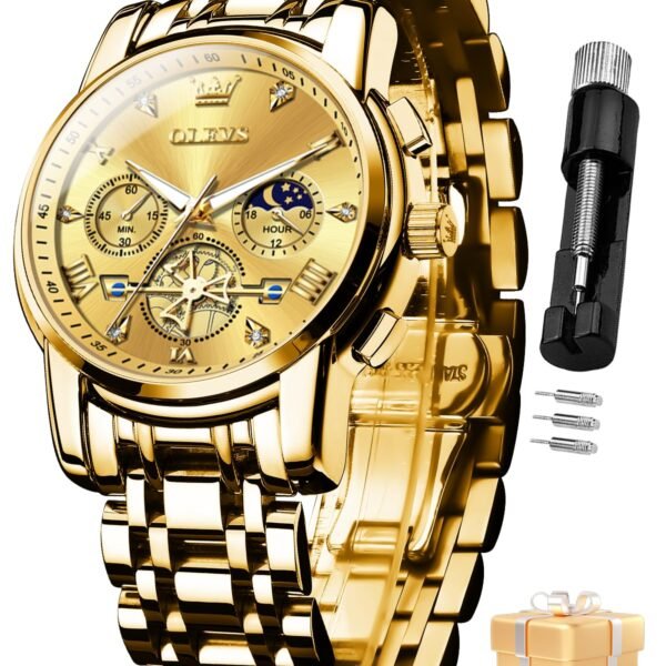 OLEVS Watch for Man Analog Quartz Skeleton Chronograph Diamond Watches Stainless Steel Moon Phase Calendar Waterproof Dress Watches