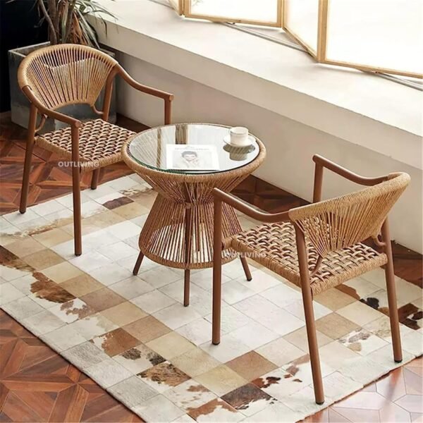 OUTLIVING Patio Seating 2 Chairs and Round Coffee Table Set Braid Rope Outdoor Furniture Set for Balcony, Garden (Light Brown)