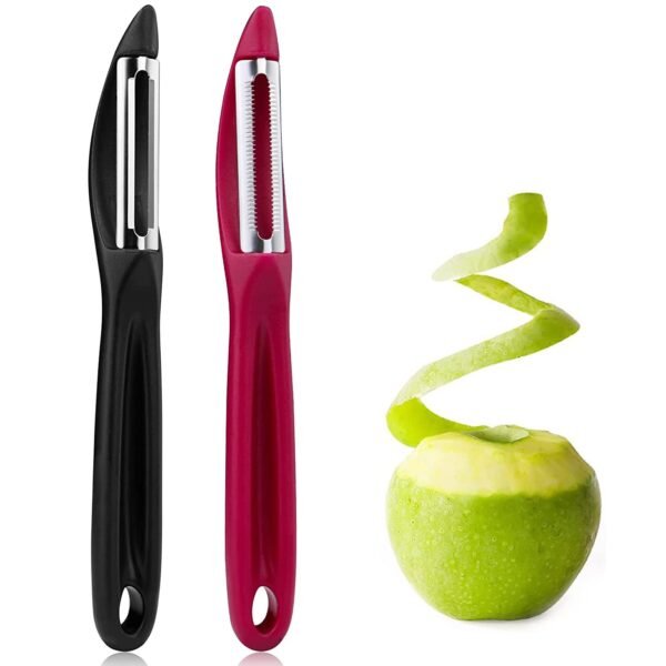 OYRIS Fruit and Vegetable Peeler - Stainless Steel Swiveling Razor Sharp Blades Serrated and Dual Edge Blades/Scraper 2-Piece (Set of 2 - Red + Black)