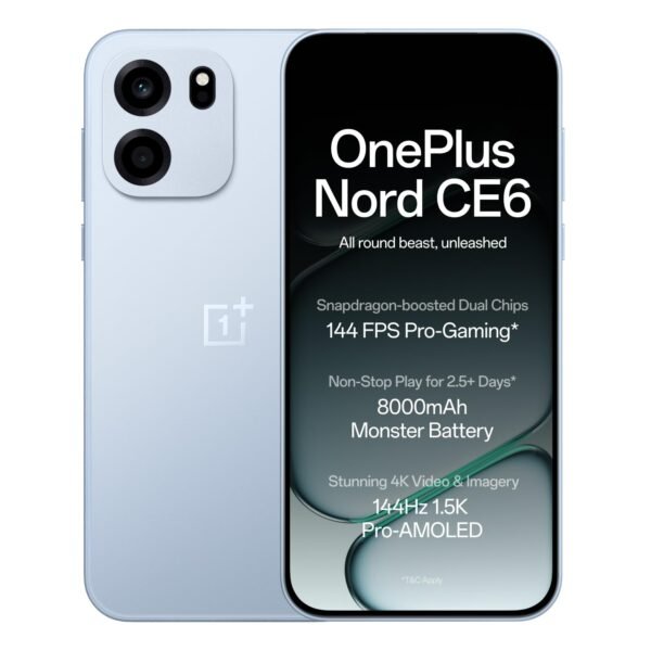 OnePlus Nord CE6 | 8GB+128GB | Fresh Blue | Snapdragon 7s Gen 4 | Segment's Fastest Touch Response | 8000mAh Battery | 144Hz 1.5K AMOLED Display | 50MP Main + 32MP Selfie 4K Cameras | IP66,68,69,69K