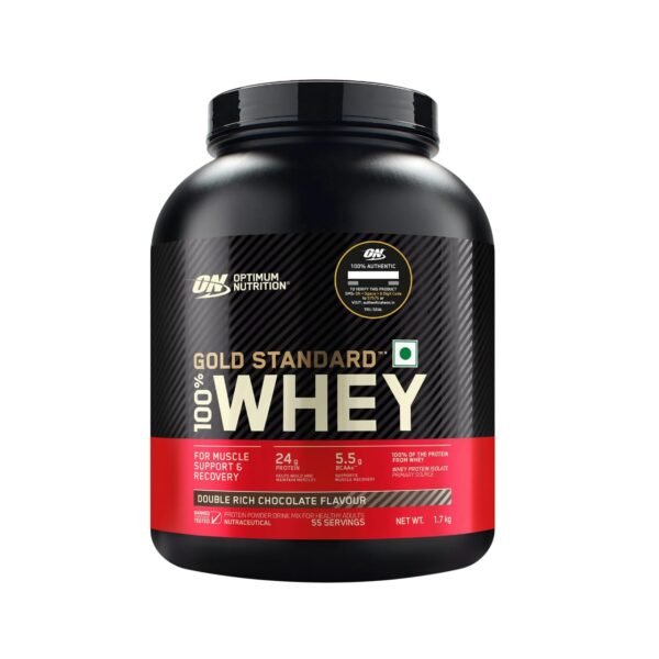 Optimum Nutrition (ON) Gold Standard 100% Whey Protein Powder 1.7 Kg (Double Rich Chocolate), 55 Serves, for Muscle Support & Recovery, Vegetarian - Primary Source Whey Isolate