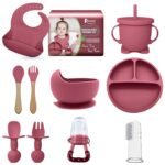 Peeper Silicone Baby Feeding Set, Complete 10-Piece Baby Led Weaning Set | Baby Feeding Product,Suction Plate, Bowl,Cup, 2 Spoon, 2 Fork and Bib for Baby, Silicon Spoon for Baby Feeding (Pink)