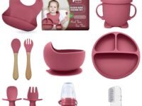 Peeper Silicone Baby Feeding Set, Complete 10-Piece Baby Led Weaning Set | Baby Feeding Product,Suction Plate, Bowl,Cup, 2 Spoon, 2 Fork and Bib for Baby, Silicon Spoon for Baby Feeding (Pink)