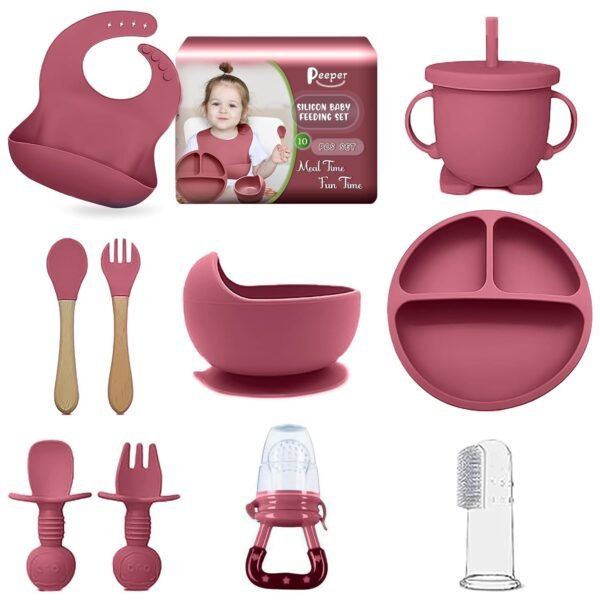 Peeper Silicone Baby Feeding Set, Complete 10-Piece Baby Led Weaning Set | Baby Feeding Product,Suction Plate, Bowl,Cup, 2 Spoon, 2 Fork and Bib for Baby, Silicon Spoon for Baby Feeding (Pink)