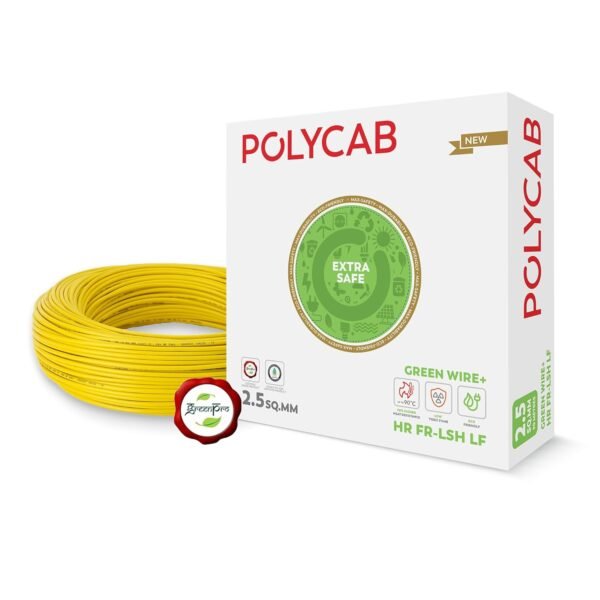 Polycab Green Wire+ 90M coil |1 SQ MM|Heat resistant upto 900 C | Low smoke | Low toxic fumes | GreenPro certified | 99.97% high purity copper | Rodent protection | Eco friendly (Yellow)