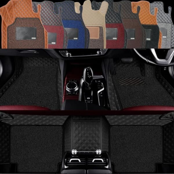 Premium 7D Car Mat Full Set for Renault Kiger (Model : 2021-2026) || Luxury Leather Dual-Stitch Full Set 7D Car Floor Mat || 100% Waterproof || Color : Black-Black (Design-1)