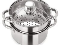 Pristine Stainless Steel Tri Ply Induction Base 2 Tier Multi Purpose Steamer/Modak Maker with Glass Lid, 18cm, Silver