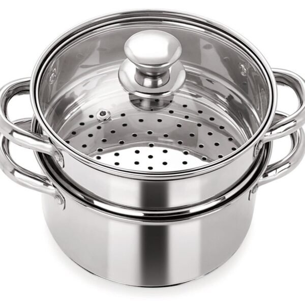 Pristine Stainless Steel Tri Ply Induction Base 2 Tier Multi Purpose Steamer/Modak Maker with Glass Lid, 18cm, Silver
