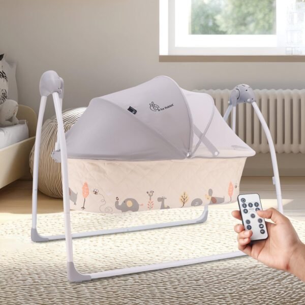 R for Rabbit Lullabies Baby Cradle Automatic Swing with 5 Point Safety Harness, Remote Control, Mosquito Net, Smart Timer, Soothing Music for New Born Kids Age 0-2 Years Weight Up to 12 Kg (Cream)