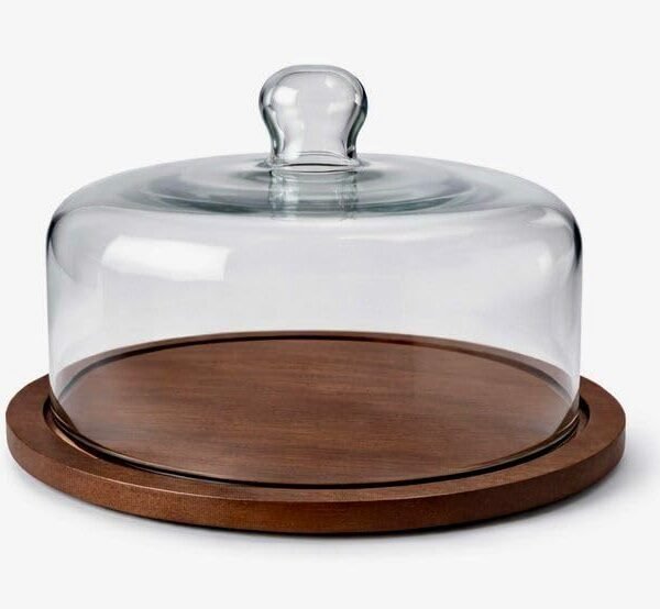 RH Creations Wood Cake Stand with Glass Dome Cloche, Serving Cake Plate with Dome Lid Serving Platter Tray Dessert Stand for Home Kitchen Baking