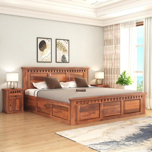 SONA ART & CRAFTS Kuber Solid Sheesham Wood King Size Bed with Storage Box + 2 Side Tables, Wooden King Size Cot Double Bed with Box & 2 Bedside Tables for Home - Teak Finish (Assembly Included)
