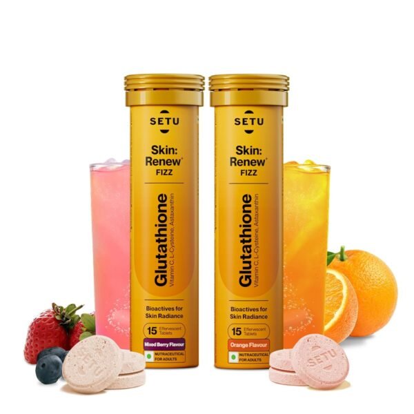 Setu Skin Renew Glutathione Tablets for Glowing Skin | 30 Effervescent Tablets with 500mg L-Glutathione & Vitamin C | Antioxidant, Skin Glow Supplement for Clear Skin | Mixed Berry & Orange, Pack of 2