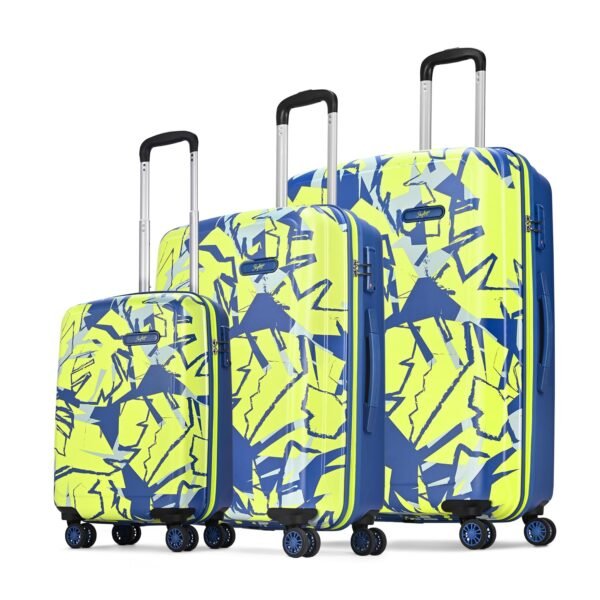 Skybags Lush Set of 3 Hard Polycarbonate Polypropylene Spinner Luggage (Cabin+Medium+Large)|Printed Luggage Trolley with 8 Wheels and TSA Lock|Lime-Blue| Unisex