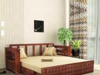 Solid Sheesham Wood 3 Seater Diamond Sofa Cum Bed for Living Room with Storage and Side Pockets Couch Diwan Wooden Bedroom Furniture Three Seater Sofa for Home Hall and Office (Honey Finish)