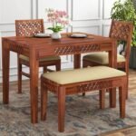Solid Sheesham Wood Dining Table Set 4 Seater | Four Seater Dining Table 4 Seater with 2 Cushion Chairs & 1 Bench for Living Room | 4 Seater Dining Set for Hotel Restaurant | Honey