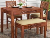 Solid Sheesham Wood Dining Table Set 4 Seater | Four Seater Dining Table 4 Seater with 2 Cushion Chairs & 1 Bench for Living Room | 4 Seater Dining Set for Hotel Restaurant | Honey