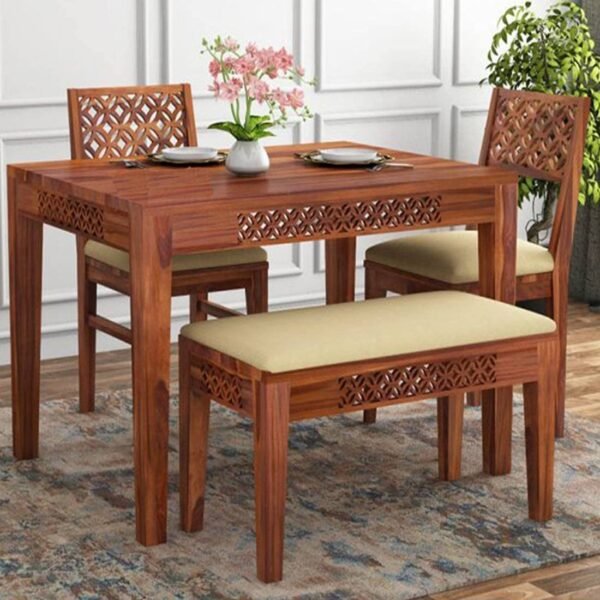 Solid Sheesham Wood Dining Table Set 4 Seater | Four Seater Dining Table 4 Seater with 2 Cushion Chairs & 1 Bench for Living Room | 4 Seater Dining Set for Hotel Restaurant | Honey