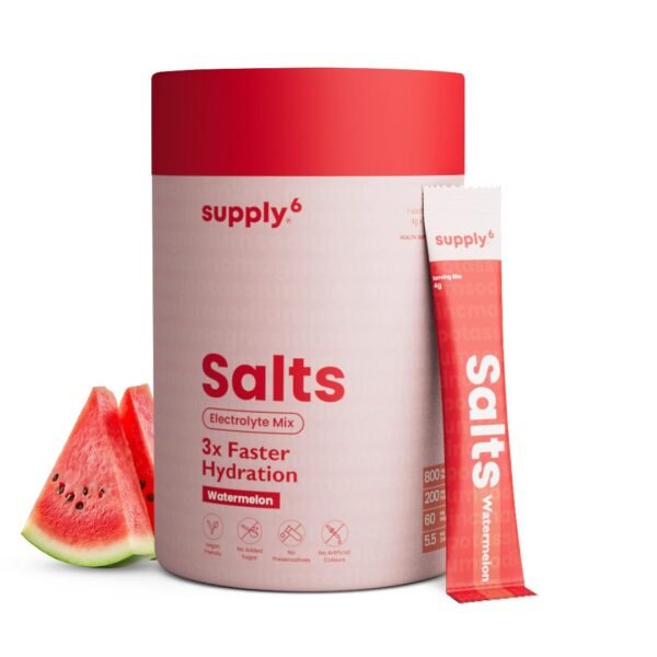 Supply6 Salts | Electrolyte Mix | Zero Added Sugar | Sodium, Potassium, Magnesium, Zinc & Fiber | Keto Friendly, Vegan Friendly, No Preservatives (18 Servings, Watermelon),Powder