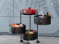 TEX-RO Kitchen Trolley with Wheels | 3-Layer Metal Vegetable Basket Stand & Kitchen Storage Rack | Multipurpose Kitchen Organizer for Onion Potato Storage (Round)