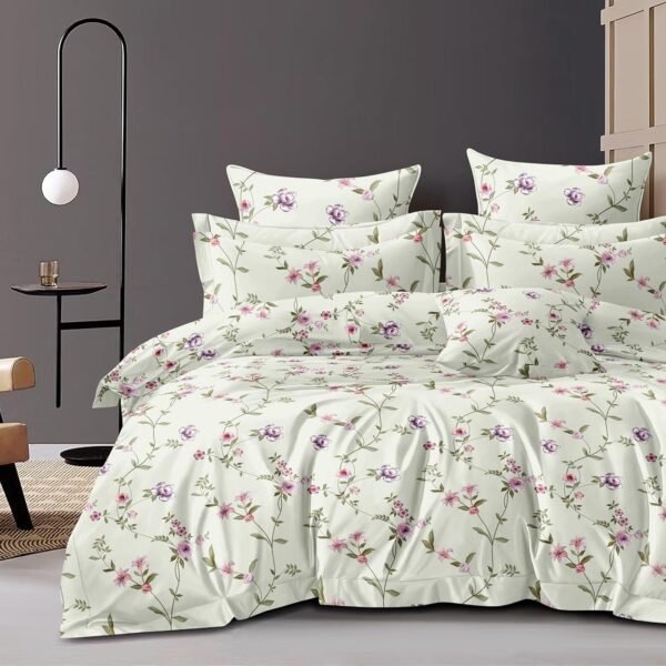 THE HOME STYLE Cotton Feel Glace Cotton Elastic Fitted Printed King Size Double Bed Bedsheet with 2 Pillow Cover Fits Upto 8 Inches Mattress, 300TC (72"x78", Petal Dreamscape)