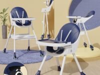 TONY STARK 5 in 1 LATEST 2024 Model, Reclining foldable Baby High Chair with wheels , Dual Dining Detachable Food Tray, Height Adjustable Feeding Seat, Five Point Safety Belt, Upgraded Version PU Cushion Pad, Easy to Clean for Baby, Kids, Toddler (Dark Navy Blue)