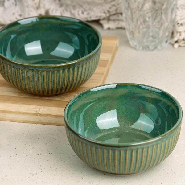 The Earth Store Glam Green Ceramic Bowl Set of 2, 500ML Each | Ceramic Mixing Bowls for Snacks, More | Rice, Dal, Fruits, Salad | Microwave Safe Bowl Set | Perfect for Gifting & Daily Use