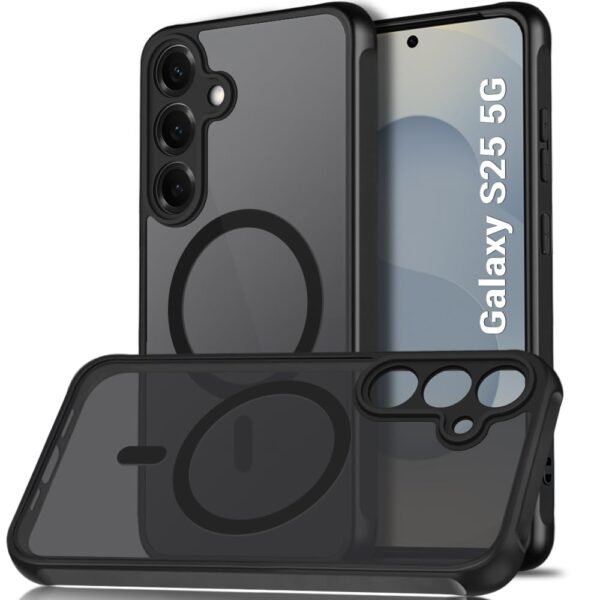 TheGiftKart Hybrid Shockproof Back Cover Case for Samsung Galaxy S25 5G | Hard Back Cover Case for Samsung Galaxy S25 5G (PC & TPU, MagSafe Compatible, Translucent Smoke Matte Back, Black Sides)