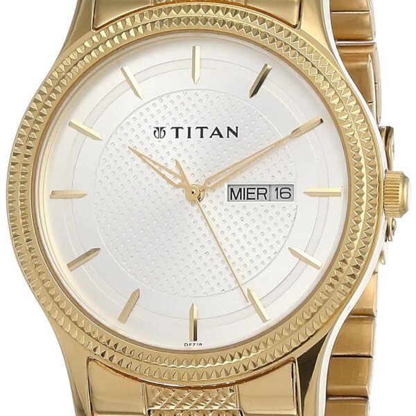 Titan Karishma Quartz Analog with Day and Date White Dial Golden Stainless Steel Strap Watch for Men - NT1650YM05