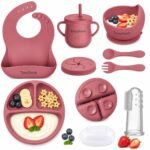 Tony Stark 7 Pcs Silicone Baby Feeding Set Bpa-Free,Microwave Safe,Anti-Slip Base | Complete Tableware Kit for Babies & Toddlers with Suction Plate,Bowl,Cup, Spoon,Fork & Bib (Dark Pink)