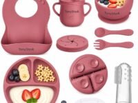 Tony Stark 7 Pcs Silicone Baby Feeding Set Bpa-Free,Microwave Safe,Anti-Slip Base | Complete Tableware Kit for Babies & Toddlers with Suction Plate,Bowl,Cup, Spoon,Fork & Bib (Dark Pink)