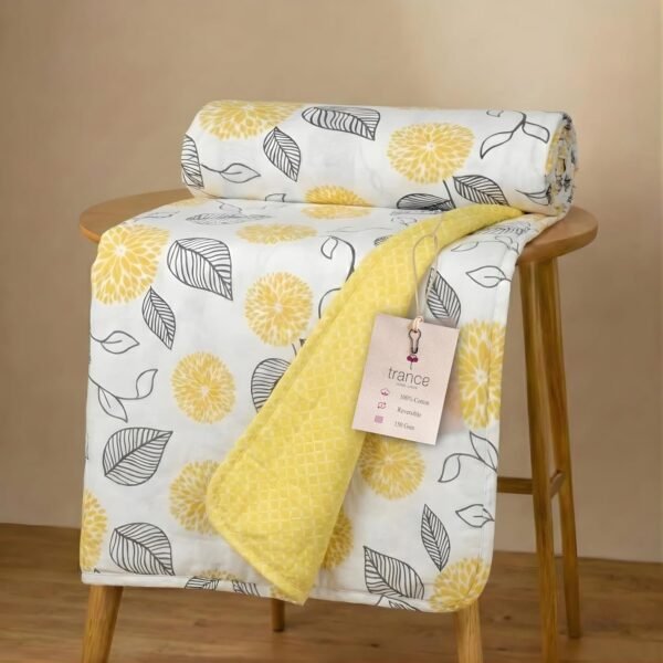 Trance Home Linen Premium 100% Cotton Dohar for Double Bed | 150 GSM | Reversible Ac Comforter | Light Weight All Season Soft Blanket (84x90 Inches | Yellow White Abstract)