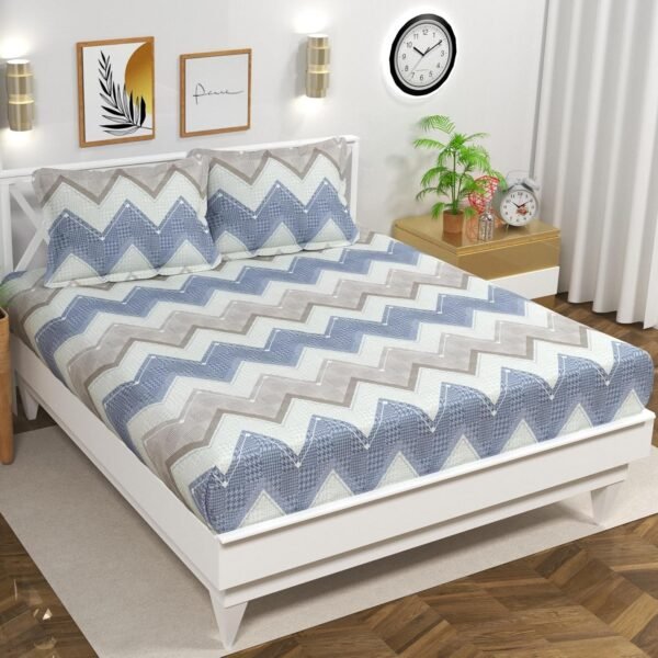 VAS COLLECTIONS 100% Cotton Feel Double Bed Bedsheet Set | 144 TC Soft & Breathable | Beige Pink and Grey Wave Print with 2 Pillow Covers | Wrinkle Free | for Bedroom (90 x 90 Inches)