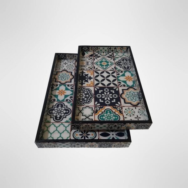 VDIX Wooden Serving Tray Set of 2 | Fancy Decorative Multicolor Resin Trays | Coffee Snacks Kitchen Dining | Home Décor Tray for Serving