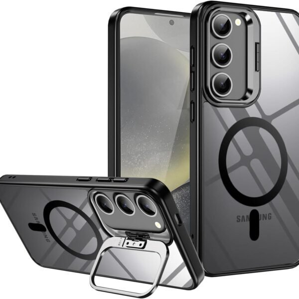 VONZEE Polycarbonate Compatible For Samsung S23 5G Case,Compatible With Magsafe,Military-Grade Protective Case,Built-In Stash Stand Phone Case,Scratch-Resistant Back Cover,Classic Series|Clear Black