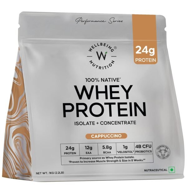Wellbeing Nutrition Clean Whey Protein Isolate & Concentrate 1Kg Cappuccino | 24g Protein, Clinically Proven Velositol 2x Muscle Protein Synthesis, 4B CFU Probiotics & Digestive Enzymes, Easy to Digest