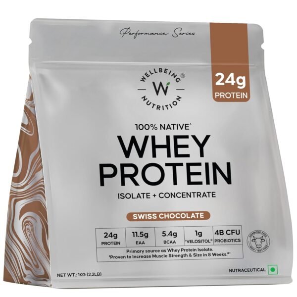 Wellbeing Nutrition Clean Whey Protein Isolate & Concentrate 1Kg Swiss Chocolate | 24g Protein, Clinically Proven Velositol 2x Muscle Protein Synthesis, 4B CFU Probiotics & Digestive Enzymes, Easy to Digest