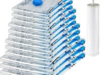 amazon basics Vacuum Compression Storage Bags with Hand Pump - 12-Pack (3 Jumbo, 3 Large, 3 Medium, 3 Small), Plastic | White