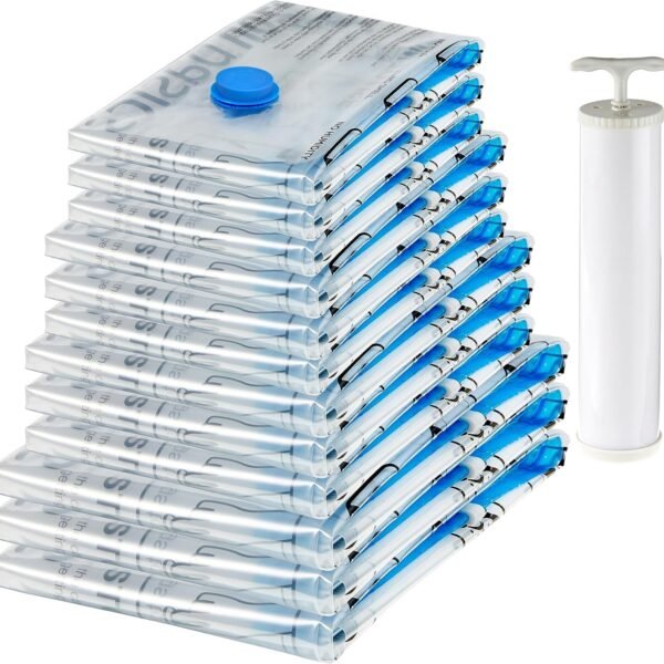 amazon basics Vacuum Compression Storage Bags with Hand Pump - 12-Pack (3 Jumbo, 3 Large, 3 Medium, 3 Small), Plastic | White