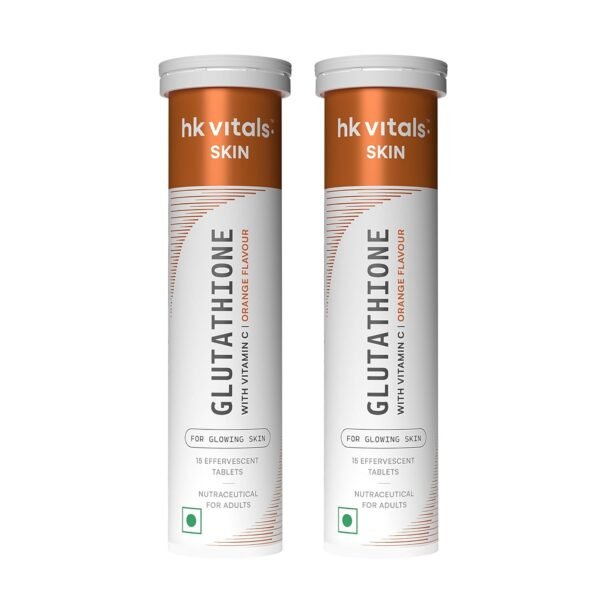 hk vitals Glutathione (Orange, 15 Effervescent Tablets) | L-Glutathione Tablets with Vitamin C & E | For Skin Glow & Hydration (Pack of 2)
