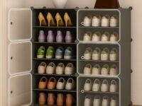 Zemic Multiuse Modular Plastic Shoe Rack for Home with Door | 𝟏𝟐 𝐒𝐡𝐞𝐥𝐟 Stackable Organizer | Waterproof & Dustproof | Space Saving Storage for Home, Bedroom & Entryway【Grey, 6-Door-12-Shelf】