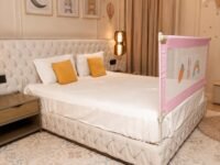 Kids Station 1 Side Basic Bed Rail Guard (5ft x 2.6ft / 160cm x 80cm), Bed Railing for Baby Safety, Kids Toddler Bed Protector Side Walls, Adjustable Height, Portable & Foldable (Pink)