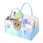 MOM CARE Baby Diaper Organizer Caddy | Nursery Storage Basket with Removable Dividers & 11 Pockets | Portable Baby Essentials Organizer for Diapers, Wipes, Bottles | Felt Diaper Storage Bag – BLUE