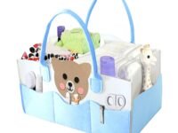 MOM CARE Baby Diaper Organizer Caddy | Nursery Storage Basket with Removable Dividers & 11 Pockets | Portable Baby Essentials Organizer for Diapers, Wipes, Bottles | Felt Diaper Storage Bag – BLUE